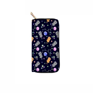 Close-up detail of the space cat pattern and golden zipper on the cute long PU wallet.