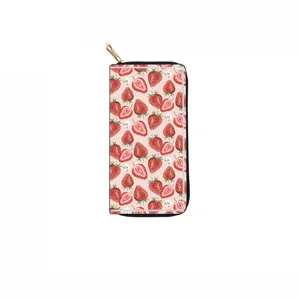 Long zipper wallet clutch with cute red strawberry print design, spacious pocket purse.