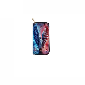 PU leather long wallet featuring American flag and Statue of Liberty print design.