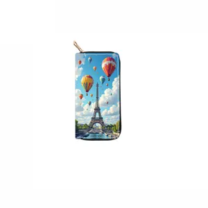 Eiffel Tower print PU long zipper wallet for women, stylish scenic daily card holder purse.