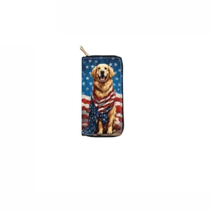 PU leather long wallet with American flag and golden retriever dog print, zipper clutch purse.