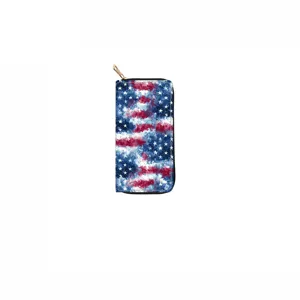 Close up of long zipper wallet featuring abstract American flag watercolor print pattern design.