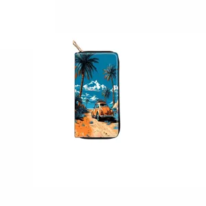 Vintage car print long zipper wallet, stylish PU leather purse for daily use and travel.