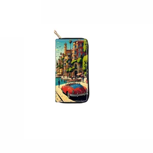 Stylish long zipper wallet featuring a vintage car and coastal town art print for daily use.
