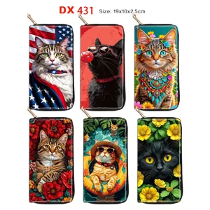 Women's Long Zipper Wallet PU Leather Cartoon Cat Print Clutch Purse Large Capacity Card Holder Fashion Handbag