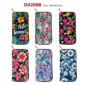 Women Long PU Leather Wallet Floral Print Zipper Clutch Purse Literary Style Casual Daily Card Holder Handbag