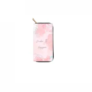 Pink watercolor print long zip wallet stylish clutch purse with metal zipper for daily use.