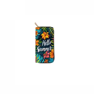 Long PU leather zipper wallet with vibrant tropical floral print and Hello Summer text design.