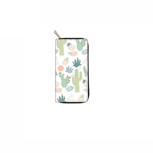 Long zipper wallet with cute cactus succulent print, stylish daily purse organizer accessory.