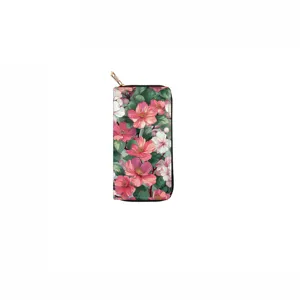Floral print long PU leather zip wallet for women, stylish clutch purse with gold hardware.