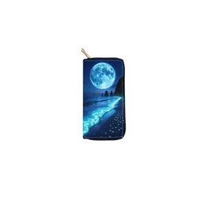 Long zip wallet detail, blue glowing sea and moon night scenery print, smooth metal zipper.