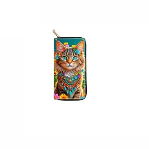 Fashion cute cat print long zipper wallet for women, stylish PU leather clutch purse daily use.