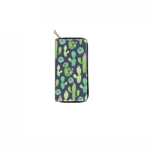 Long zip wallet with cute green cactus and succulent plant print pattern for women daily use.
