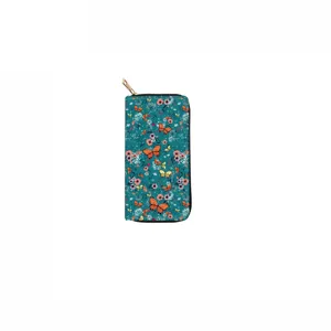Detailed view of long PU leather zip wallet featuring vibrant floral and butterfly print.