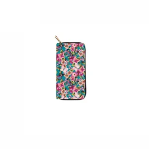 Floral print long PU leather wallet with zipper closure, stylish everyday purse for women.