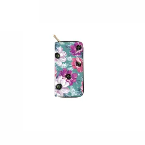 Floral print PU leather long zip wallet detail view, elegant colorful flower design.