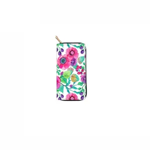 Detailed view of the watercolor floral long PU leather zipper wallet and elegant clutch.