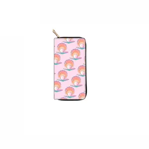 Pink long zipper wallet with cute shell pearl pattern, stylish clutch purse for women.