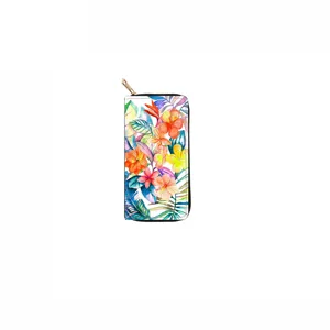 Detailed close-up view highlighting the vibrant watercolor floral print on the long zip wallet.