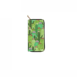 Detailed view of long zipper wallet featuring a fresh green cactus botanical print design.