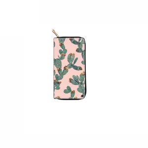 Stylish long zip wallet featuring a trendy pink cactus print design for daily use.
