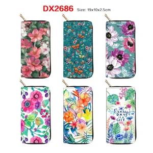 Women long PU leather zipper wallet with floral butterfly print, elegant card holder purse.