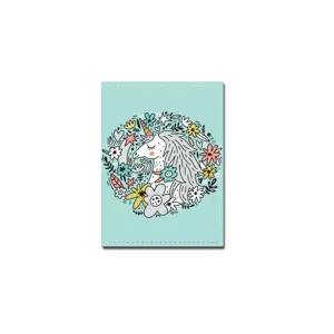 Detailed close-up of the mint green PU passport holder with a cute cartoon unicorn design.