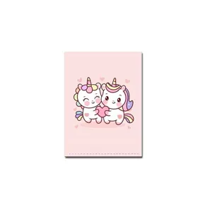 Cute unicorn pattern detail on pink PU passport holder, compact card case and document cover.