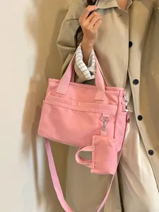 Sac cabas bandoulière décontracté en toile pour femme style coréen avec mini poche élégante.