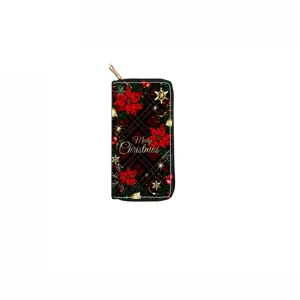 Christmas long zippered wallet detail showing festive plaid pattern and elegant golden text.