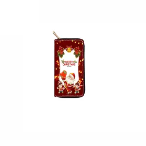 Christmas long zipper wallet for women, festive PU leather clutch purse with card slots.