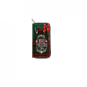 Christmas tartan long zipper wallet with bow and merry christmas print design card holder