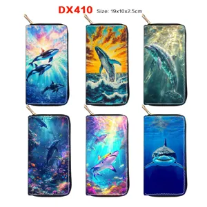 Women's Long Zipper Wallet PU Leather Ocean Series Marine Life Printed Clutch Purse Card Holder Handbag