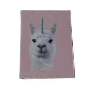 Pink PU leather passport holder detail showcasing cute quirky alpaca unicorn print.