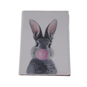 Grey rabbit print PU leather passport holder, cute animal design travel document cover organizer.