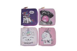 Süße Cartoon Einhorn und Mops PU Leder kurze Geldbörse für Kinder, kleine Münztasche.