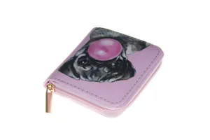Rosa PU Leder Kurzer Reißverschluss Geldbeutel mit niedlichem Mops Bubblegum Detail.