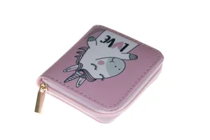 Süßes rosa PU-Leder Kurzportemonnaie mit Einhorn-Design und Reißverschluss für Kinder.