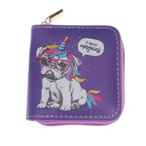 Niedliche Einhorn Hund PU Leder kurze Geldbörse mit Reißverschluss für Kinder in Lila.