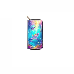 Ocean shark print long zipper wallet, stylish clutch purse with secure metal closure.