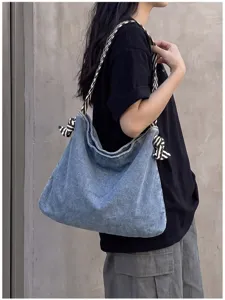 Borsa a tracolla casual in denim con cinturino zebrato, grande tote bag da donna quotidiana.