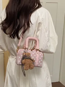 Sac à bandoulière à pois roses pour femme, sac à main en cuir PU style coréen avec petit ours.