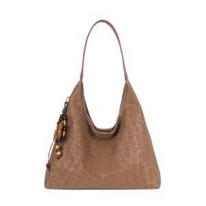 Braune Umhängetasche mit Leopardenmuster, Schultertasche mit Holzperlen Anhänger.
