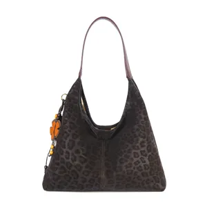 Leopard Muster Hobo Schultertasche, lässige große Achseltasche mit Blumen Anhänger.