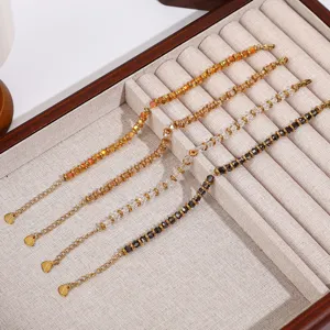Detailed view of colorful crystal beaded bracelets set with stainless steel chain for women fashion jewelry.