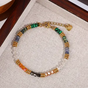 Natural stone colorful crystal stainless steel beaded bracelet detail shot for women casual daily wear.