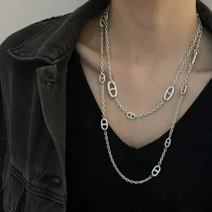 Collana Lunga in Acciaio al Titanio con Chiusura OT a Naso di Maiale Catena Maglione Gioielli Minimalisti per Donna Uomo