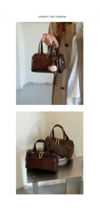 Elegante bolso de mano de ante marrón para mujer, diseño patchwork chic con colgante.