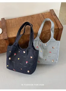 Lässige große Leinwand-Tragetasche mit süßer Stickerei, Retro-Streifen- und Denim-Design.