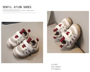 Vue detaillee chaussures bebe, baskets en maille respirantes antiderapantes pour petits.